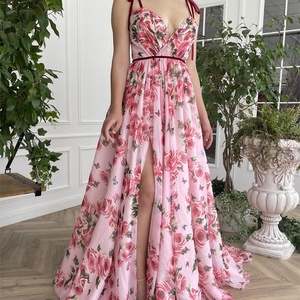 New Summer <b>Floor</b>-Length Sweet Natural Digital Printing Floral Suspender Chiffon A-Line Eco-Friendly Dress - Product Image 3