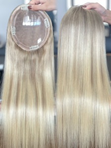 มีสินค้าพร้อมส่ง วิกผมแท้แบบตรงสไตล์ยุโรป ขนาด 16 นิ้ว  แบบติดลูกไม้ด้านหน้า  สำหรับผมบาง  ไฮไลท์สีบลอนด์ - Product Image 4