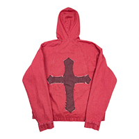 Blouson streetwear en jean rétro rouge délavé, clouté, à fermeture éclair, avec ourlet brut et patch croisé, personnalisable en gros