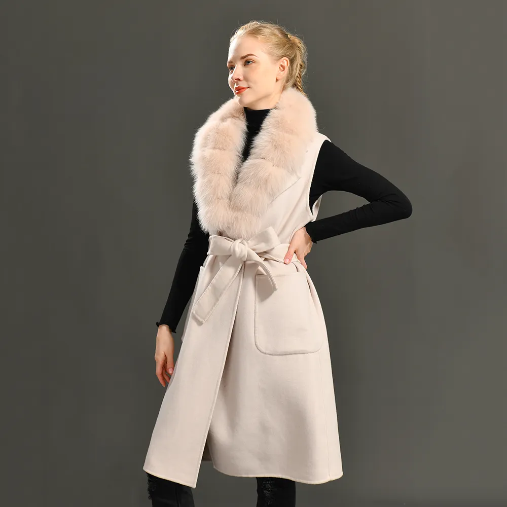 Manteau en laine cachemire pour femmes, personnalisé, Long Style, chaud et doux, en vraie fourrure de renard, gilet en laine, livraison directe, vente en gros