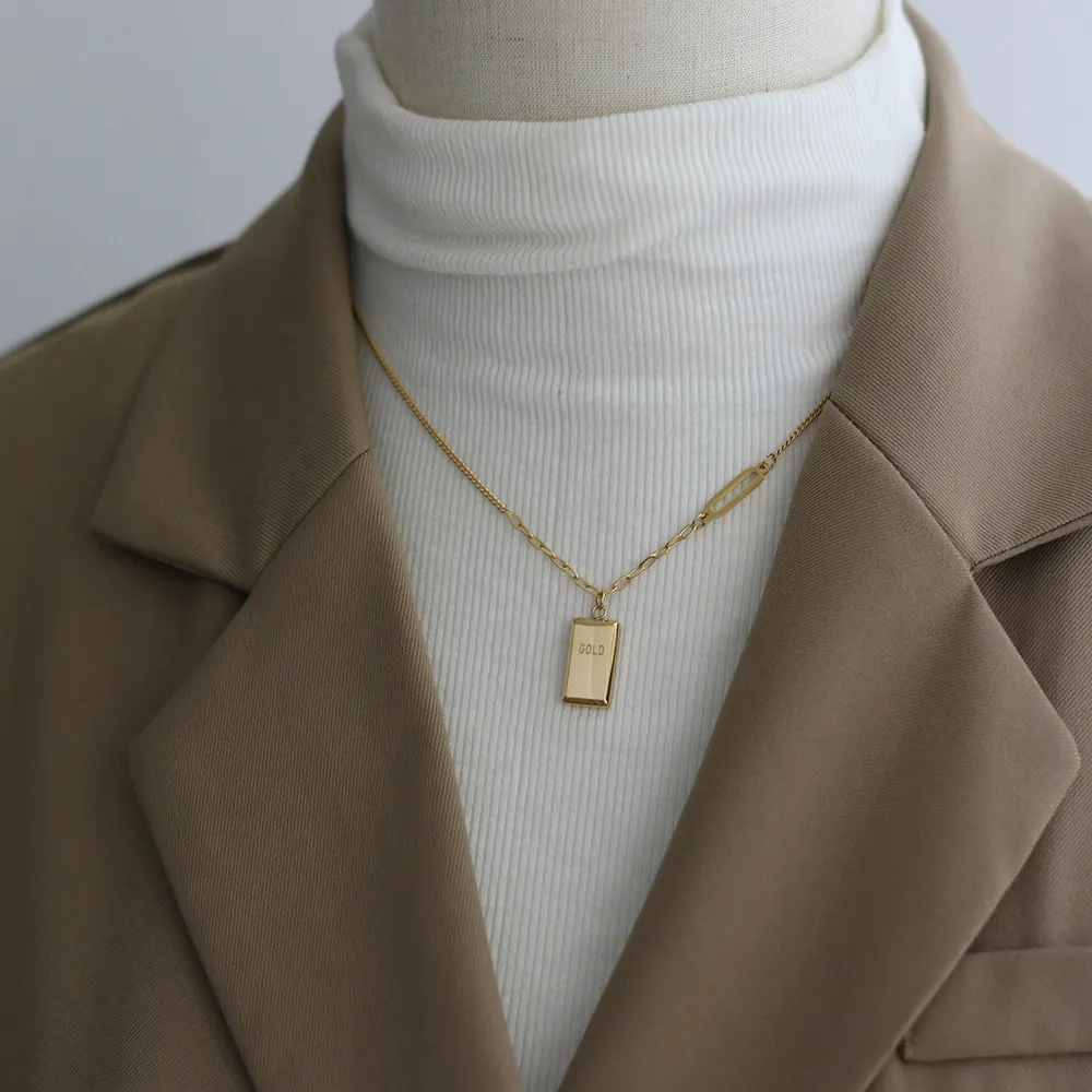 Collier minimaliste en acier inoxydable pour femmes, collier avec pendentif Rectangle, plaqué or 18k, chaîne cubaine de Bar en or
