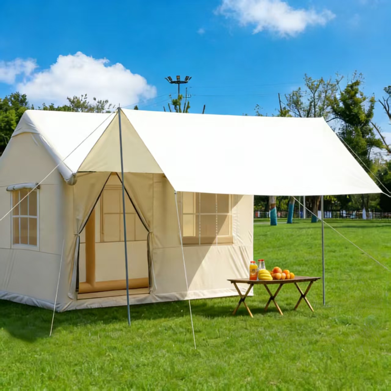 Tente gonflable kaki de 8,5 m² avec auvent