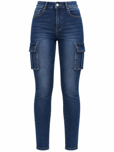 Jeans Cargo da Donna a Vita Alta, Gamba Dritta, Stile Vintage, Lavabili, con Tasche Utility, Lunghezza Intera, Lavaggio Medio, Casual, per Autunno - Product Image 1