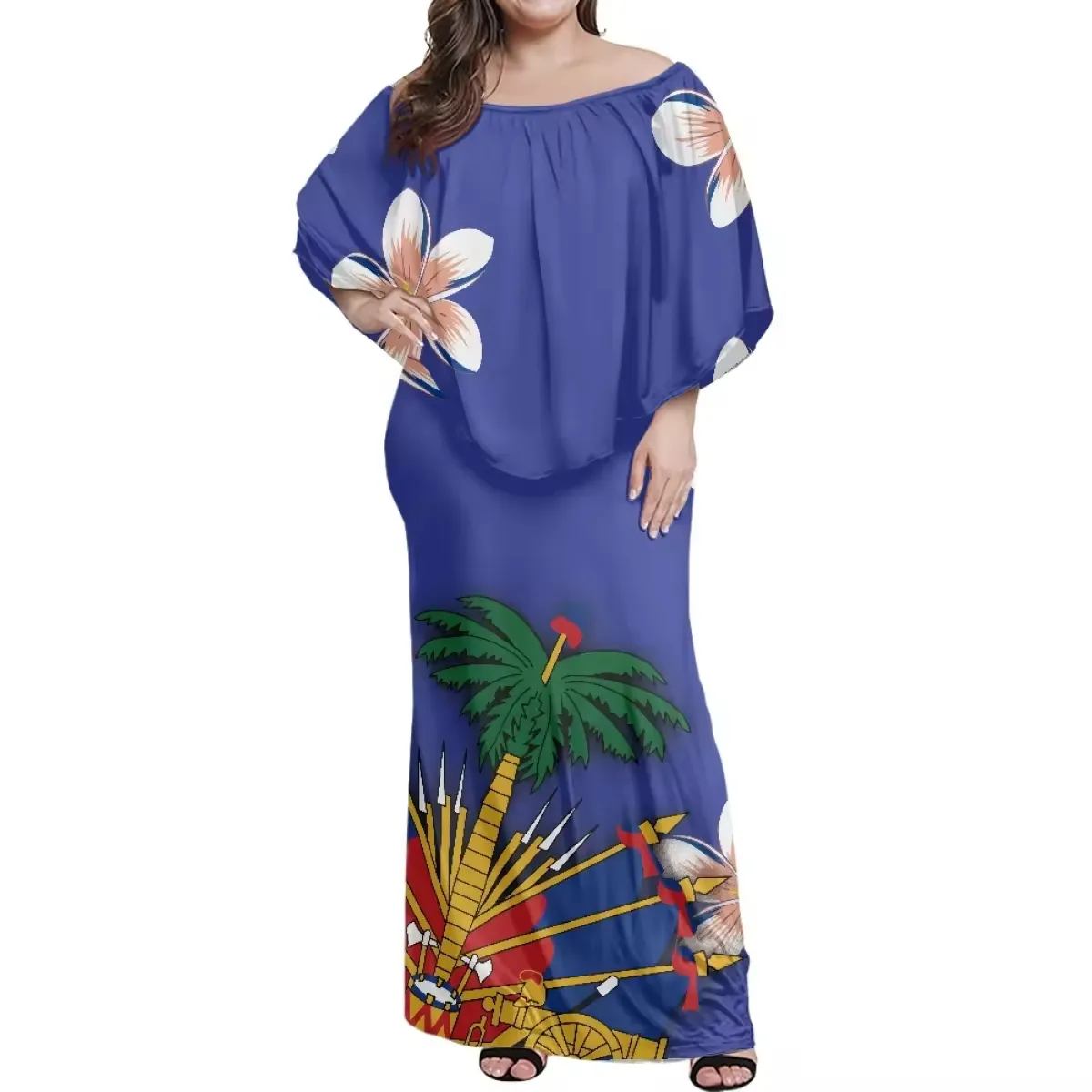 निर्माता छोटे ऑर्डर वाली महिलाओं की वन शोल्डर रफ़ल सुरुचिपूर्ण कैज़ुअल ड्रेस महिलाओं की हैती ध्वज पोशाक हॉलिडे कस्टम ड्रेस