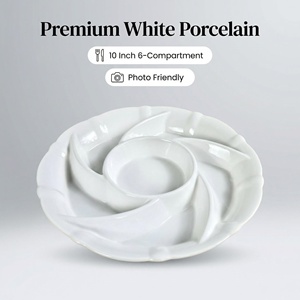 Plateau <span class=keywords><strong>de</strong></span> service rond en porcelaine <span class=keywords><strong>de</strong></span> 10 pouces avec 6 compartiments, design minimaliste esthétique et idéal pour les photos, pour apéritifs et fêtes - Product Image 1