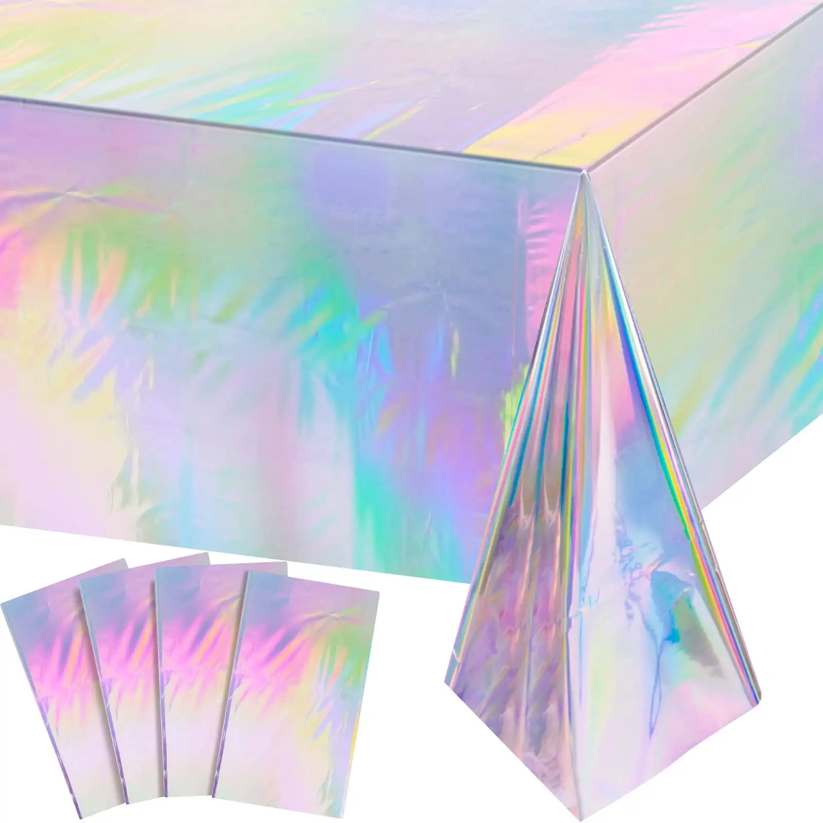ผ้าปูโต๊ะพลาสติกสีรุ้งเงาทิ้งเลเซอร์สี่เหลี่ยมผืนผ้าโฮโลแกรมฟอยล์ผ้าปูโต๊ะตกแต่งปาร์ตี้สีรุ้ง