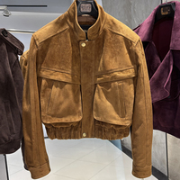 Veste en cuir véritable à col montant surdimensionné pour femme, veste bomber courte en daim véritable, automne