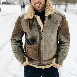 Mantel Wol Bulu Musim Dingin Baru Mantel Pria Mode Mantel Hangat Pria Jaket Berlapis Poliester Kasual Warna Kontras Kerah Tebal