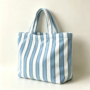 Sac fourre-tout en tissu éponge rayé bleu pour femme, sac de plage, sac à main en tissu éponge rayé avec fermeture ouverte, sac de piscine d'été - Product Image 3