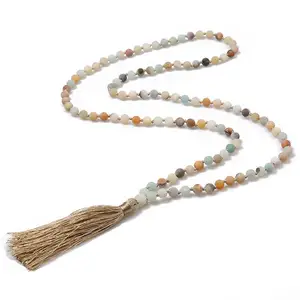 108 Mala Beads Necklace Semi-Precious Amazonite Gemstones Meditation Necklace Hand Knotted Mala Beaded Tassel Necklace