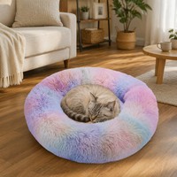Coussin rond pour animaux de compagnie, en peluche moelleuse, en forme de beignet, doux et lavable, pour chat et chien