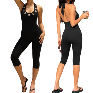 Combinaison de yoga pour femme, style punk gothique, col en U, dos nu, avec découpes à œillets, coupe short, éco-responsable et respirante - Product Image 1