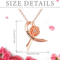 Collier pendentif en argent sterling plaqué or rose avec zircon, motif fleur de rose et ruban, pour survivante du cancer du sein