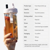 Vente chaude Creative 600 ml Infuseur De Fruits Une Tasse De Deux Boissons Différentes Tasse D'eau avec Deux Pailles Couple