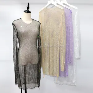 Sexy Outfit Rhinestone Glasses Evening Dress Round Neck Plus Size Mesh Shiny Dress See Through Beach Cover Up