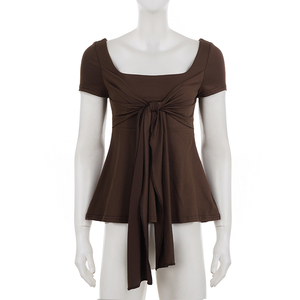 Short Sleeve Bow Tie Top Square Neck A Line Solid Basic Summer Fashion Casual T <b>Shirt</b> new arrival bow t <b>shirt</b> - Product Image 6