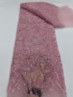 Tissu en dentelle brodée de perles dorées, tissu de robe élégant de haute qualité