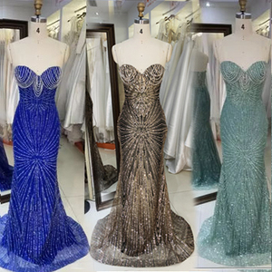 2025新款奢华银水晶点缀水钻女美人鱼舞会礼服配紧身胸衣蕾丝背亮片装饰 - Product Image 1