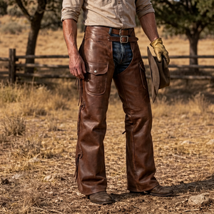 Pantalones vaqueros de cuero genuino para hombre, de talle alto, corte regular, con flecos y cierre de hebilla para montar a caballo - Product Image 1