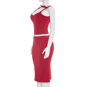 Viviblook D26ST028 Ensemble d'été pour femme Nouveau ensemble deux pièces avec gilet sans manches à nœud et jupe queue de poisson - Product Image 3