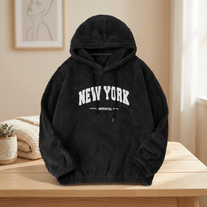 Sweat-shirt d'hiver décontracté pour homme, coupe oversize, en polaire sherpa, avec imprimé lettres New York et cordon de serrage - Product Image 4
