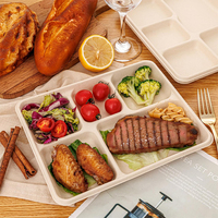 Plateau jetable à 5 compartiments, 100% compostable, en fibres végétales, plateau alimentaire biodégradable en bagasse de canne à sucre