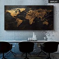 Mural Moderno Abstracto del Mapa del Mundo en Dorado con Flechas Conectadas, Acabado Metálico Negro y Dorado sobre Lienzo para Sala de Estar