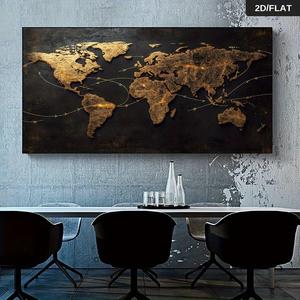 Mural Moderno Abstracto del Mapa del Mundo <span class=keywords><strong>en</strong></span> Dorado con Flechas Conectadas, Acabado Metálico Negro y Dorado sobre Lienzo para Sala de Estar - Product Image 1