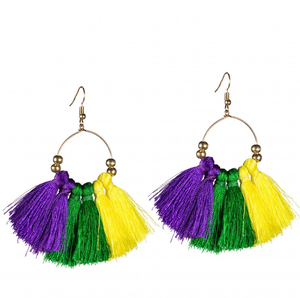 Pendientes Largos HLC Personalizados para Mardi Gras, Pendientes Grandes con Forma <span class=keywords><strong>de</strong></span> Pluma, Pendientes con <span class=keywords><strong>Flecos</strong></span> <span class=keywords><strong>de</strong></span> Hilo Sedoso y Borlas - Product Image 1