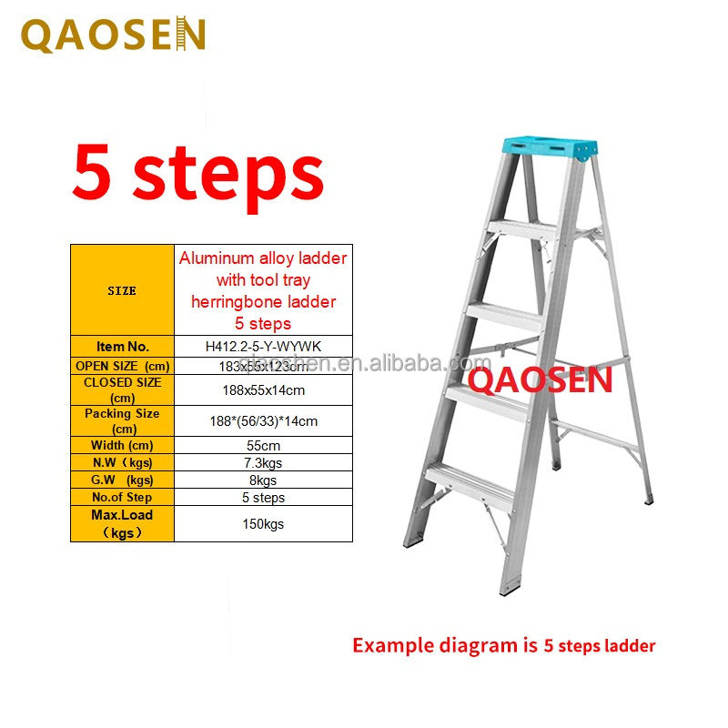 5 steps Aluminum ladder with tool tray herringbone ladder