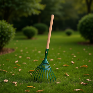 คราดใบไม้พร้อมด้ามไม้ 80 ซม. เครื่องมือทำสวนสีเขียวสำหรับทำความสะอาดสนามหญ้า - Product Image 3