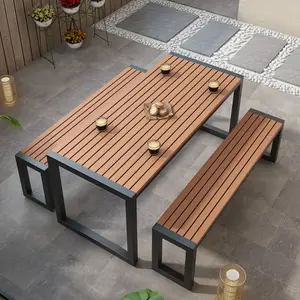 Mesa de Comedor Moderna de Hierro y Madera para Exteriores con Banco y Sillas para Hotel, Restaurante, Cafetería, Uso Comercial - Product Image 1