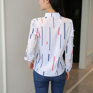 Blus Wanita Putih Motif Garis Modis Kasual Lengan Panjang untuk Kantor, Kemeja Wanita Ramping dengan Kerah Tegak - Product Image 2