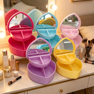 Boîte de rangement en plastique double couche en forme de cœur, couleur bonbon moderne, avec fermeture à boucle et miroir pour boucles d'oreilles, bagues et colliers - Vente en gros - Product Image 5