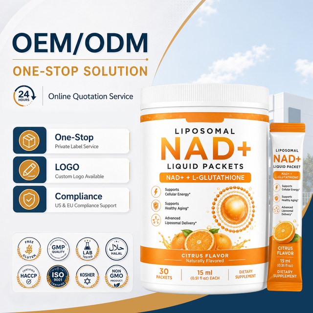 Vegan Sugar Free Liposomal NAD Plus L Glutathione Liquid Sachet Cellular Wellness Blend One Stop Contract Manufacturing NSF GMP