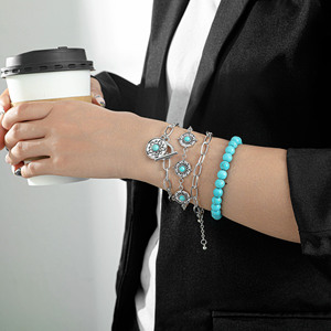 the United States new combination <b>bracelet</b> retro personality round turquoise embellishment 4-piece <b>set</b> <b>bracelet</b> wholesale - Product Image 2