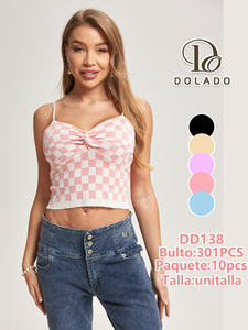 Top Corto de Punto a Cuadros Rosa para Mujer, con Tirantes Finos y Escote Corazón, Estilo Casual para Primavera/Verano - Product Image 3