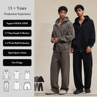Conjunto de Sudadera y Pantalones de Chándal de Dos Piezas con Cremallera, Oversize, Lavado, Hombro Caído, Bolsillo de Parche, Unisex, Estilo Urbano, Personalizado, Vintage