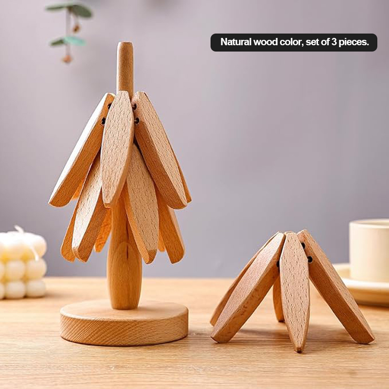 Walnut Color 4 Wooden Trivet + 1 Stand
