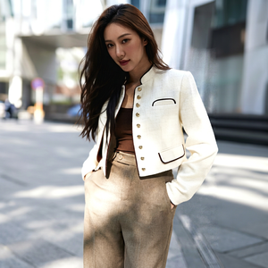 Wholesale Women Mandarin Collar Worsted Blazer Short Jacket Button Front Woven Slim Fit Elegant <b>Office</b> Workwear Outerwear B8084 - Product Image 1