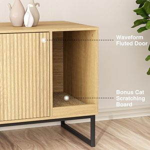 Armario para gatos cerrado moderno, caja de arena oculta para gatos estriada, muebles con almohadilla para rascar, patas de metal, camas para mascotas - Product Image 4