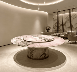 Table à manger moderne en granit rose naturel de luxe avec plateau tournant Lazy Susan, pieds en métal, 8 places, mobilier de maison - Product Image 2