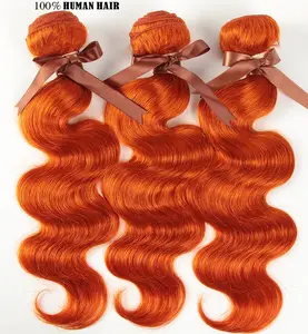 Charm de diseño de grado superior, venta al por mayor, cabello humano remy virgen brasileño quemado, naranja, jengibre, tejido, 3 mechones