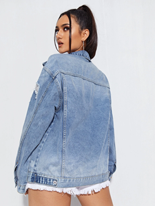 Femmes automne vêtements dames goutte épaule longue surdimensionné <span class=keywords><strong>Jean</strong></span> vestes déchiré bleu clair lavé Denim <span class=keywords><strong>veste</strong></span> femmes - Product Image 2