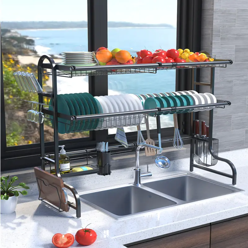 Nuovo design in acciaio inox nero mensola della cucina sopra lavello espandibile 25,5 "-35.4" di larghezza 3-livello regolabile cremagliera di piatto
