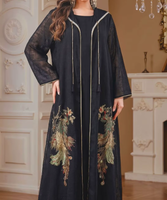 Ensemble deux pièces en lin avec abaya ouverte à capuche et broderie élégante paon, robe intérieure, pour femmes musulmanes, été, ODM, pour fêtes, mariages et usage quotidien