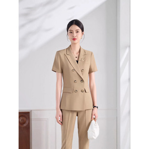 Women's Summer Short Sleeve Double Breasted Blazer And Trousers Set Formal Anti Wrinkle Commute Wear - Product Image 2