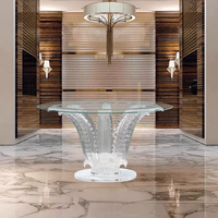 Table de salle à manger de luxe à base en résine transparente cannelée verticale, plateau rond en verre trempé, table console pour hall d'hôtel ou hall d'entrée