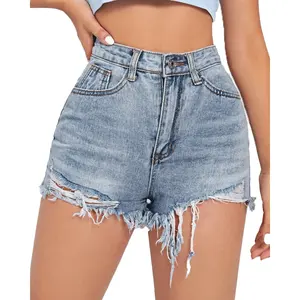 Women's Ripped Denim Shorts Stretchy High Waist Frayed Raw Jean Shorts  Distressed Teen Girls Casual Summer Hot Pants 