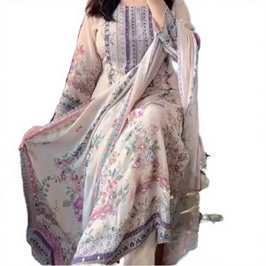 Ensemble prêt-à-porter 3 pièces en mousseline Salwar Kameez Anarkali Kurta Pantalon Robe longue Imprimés floraux vibrants traditionnels Diwali Polyester - Product Image 3